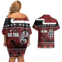 New Zealand Culture Couples Matching Off Shoulder Short Dress and Hawaiian Shirt Kia Ora Aotearoa Moko Tattoo Mask with Waka and Maori Art Pattern