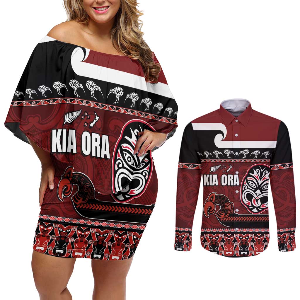 New Zealand Culture Couples Matching Off Shoulder Short Dress and Long Sleeve Button Shirt Kia Ora Aotearoa Moko Tattoo Mask with Waka and Maori Art Pattern