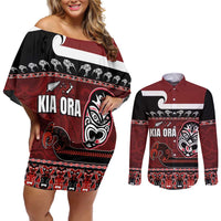 New Zealand Culture Couples Matching Off Shoulder Short Dress and Long Sleeve Button Shirt Kia Ora Aotearoa Moko Tattoo Mask with Waka and Maori Art Pattern
