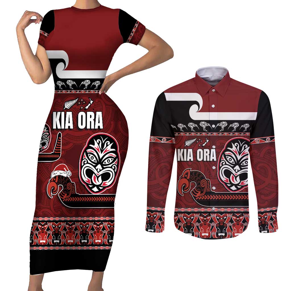 New Zealand Culture Couples Matching Short Sleeve Bodycon Dress and Long Sleeve Button Shirt Kia Ora Aotearoa Moko Tattoo Mask with Waka and Maori Art Pattern