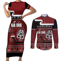 New Zealand Culture Couples Matching Short Sleeve Bodycon Dress and Long Sleeve Button Shirt Kia Ora Aotearoa Moko Tattoo Mask with Waka and Maori Art Pattern