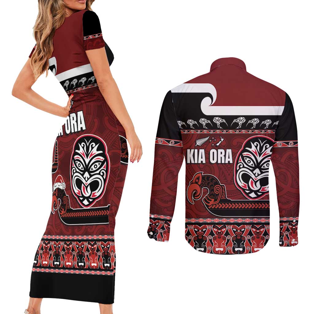 New Zealand Culture Couples Matching Short Sleeve Bodycon Dress and Long Sleeve Button Shirt Kia Ora Aotearoa Moko Tattoo Mask with Waka and Maori Art Pattern
