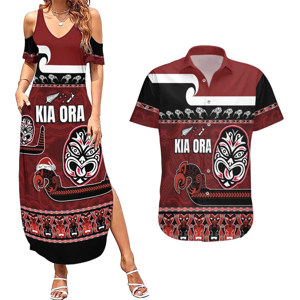 New Zealand Culture Couples Matching Summer Maxi Dress and Hawaiian Shirt Kia Ora Aotearoa Moko Tattoo Mask with Waka and Maori Art Pattern