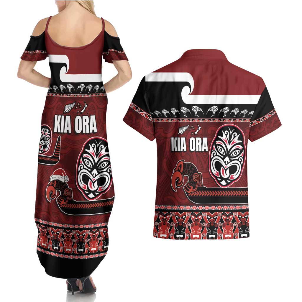 New Zealand Culture Couples Matching Summer Maxi Dress and Hawaiian Shirt Kia Ora Aotearoa Moko Tattoo Mask with Waka and Maori Art Pattern