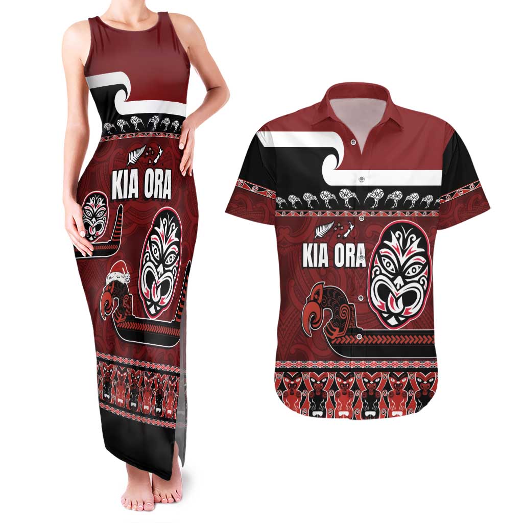 New Zealand Culture Couples Matching Tank Maxi Dress and Hawaiian Shirt Kia Ora Aotearoa Moko Tattoo Mask with Waka and Maori Art Pattern