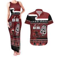 New Zealand Culture Couples Matching Tank Maxi Dress and Hawaiian Shirt Kia Ora Aotearoa Moko Tattoo Mask with Waka and Maori Art Pattern