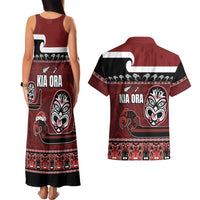 New Zealand Culture Couples Matching Tank Maxi Dress and Hawaiian Shirt Kia Ora Aotearoa Moko Tattoo Mask with Waka and Maori Art Pattern