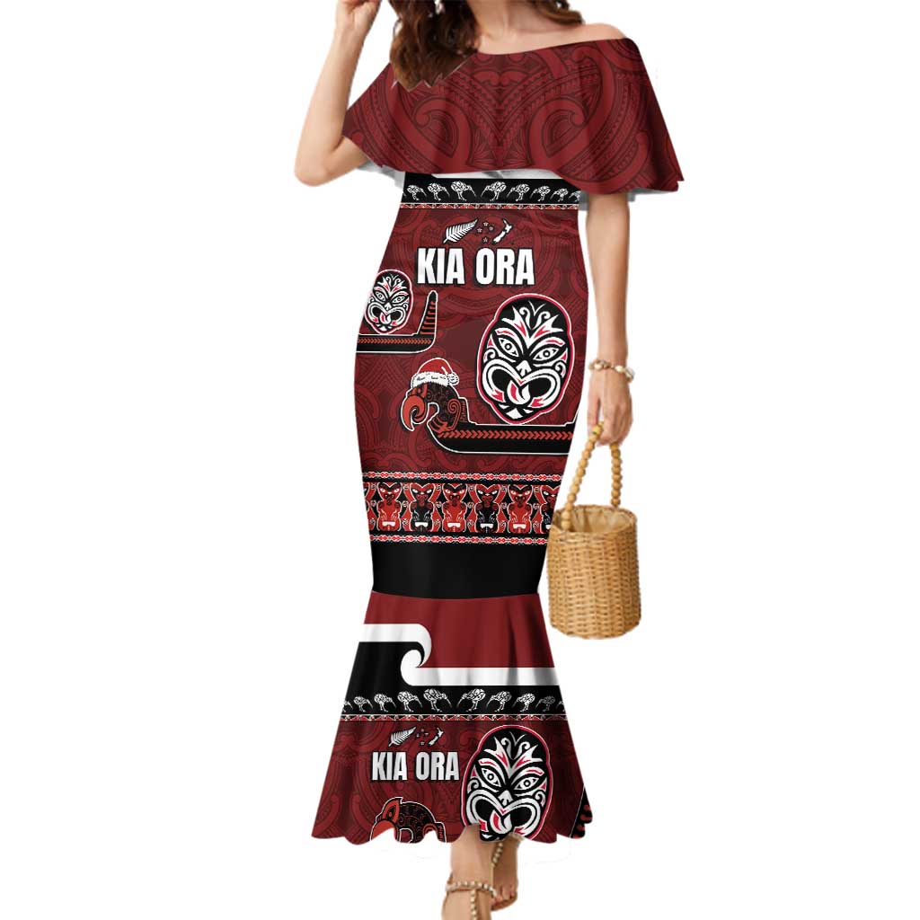 New Zealand Culture Family Matching Mermaid Dress and Hawaiian Shirt Kia Ora Aotearoa Moko Tattoo Mask with Waka and Maori Art Pattern