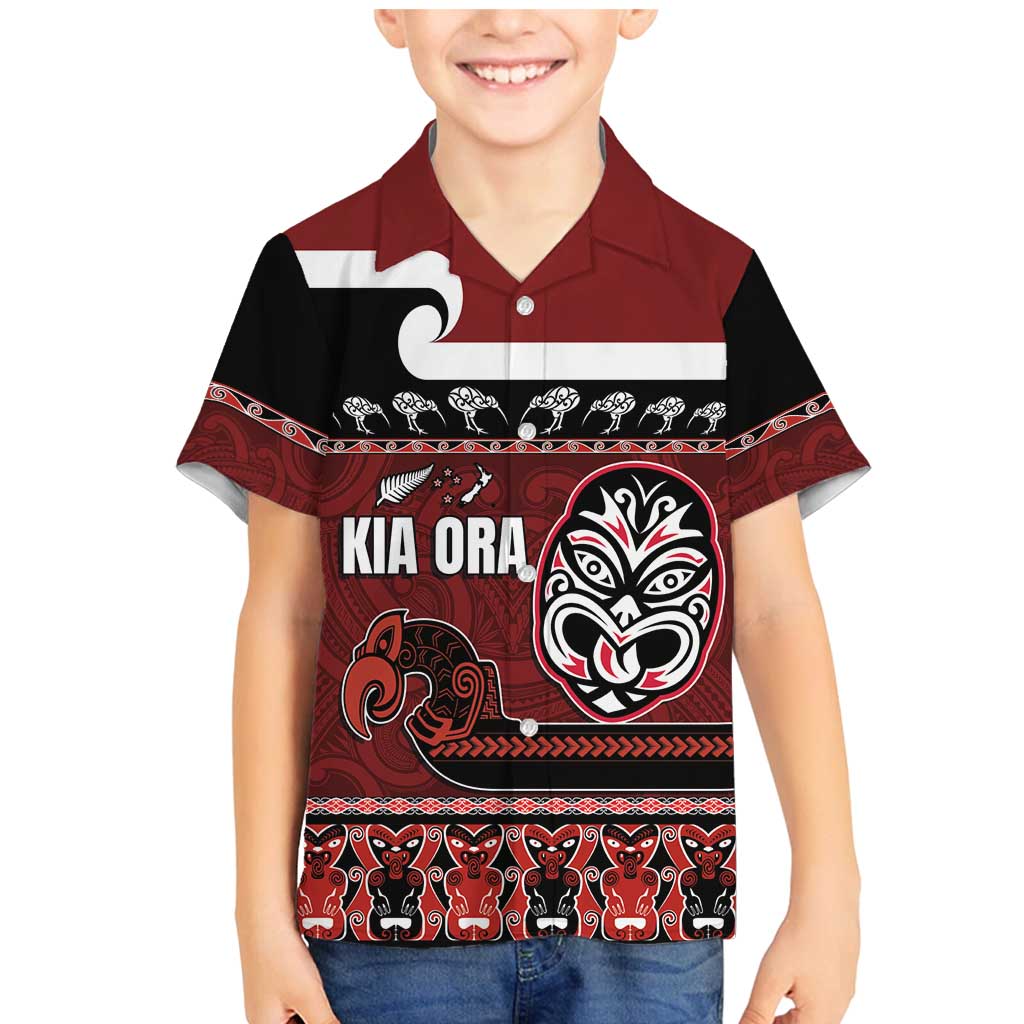 New Zealand Culture Family Matching Mermaid Dress and Hawaiian Shirt Kia Ora Aotearoa Moko Tattoo Mask with Waka and Maori Art Pattern