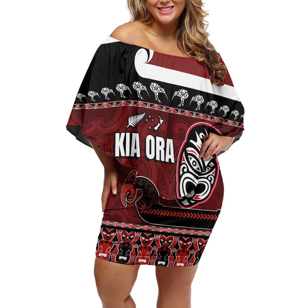 New Zealand Culture Family Matching Off Shoulder Short Dress and Hawaiian Shirt Kia Ora Aotearoa Moko Tattoo Mask with Waka and Maori Art Pattern