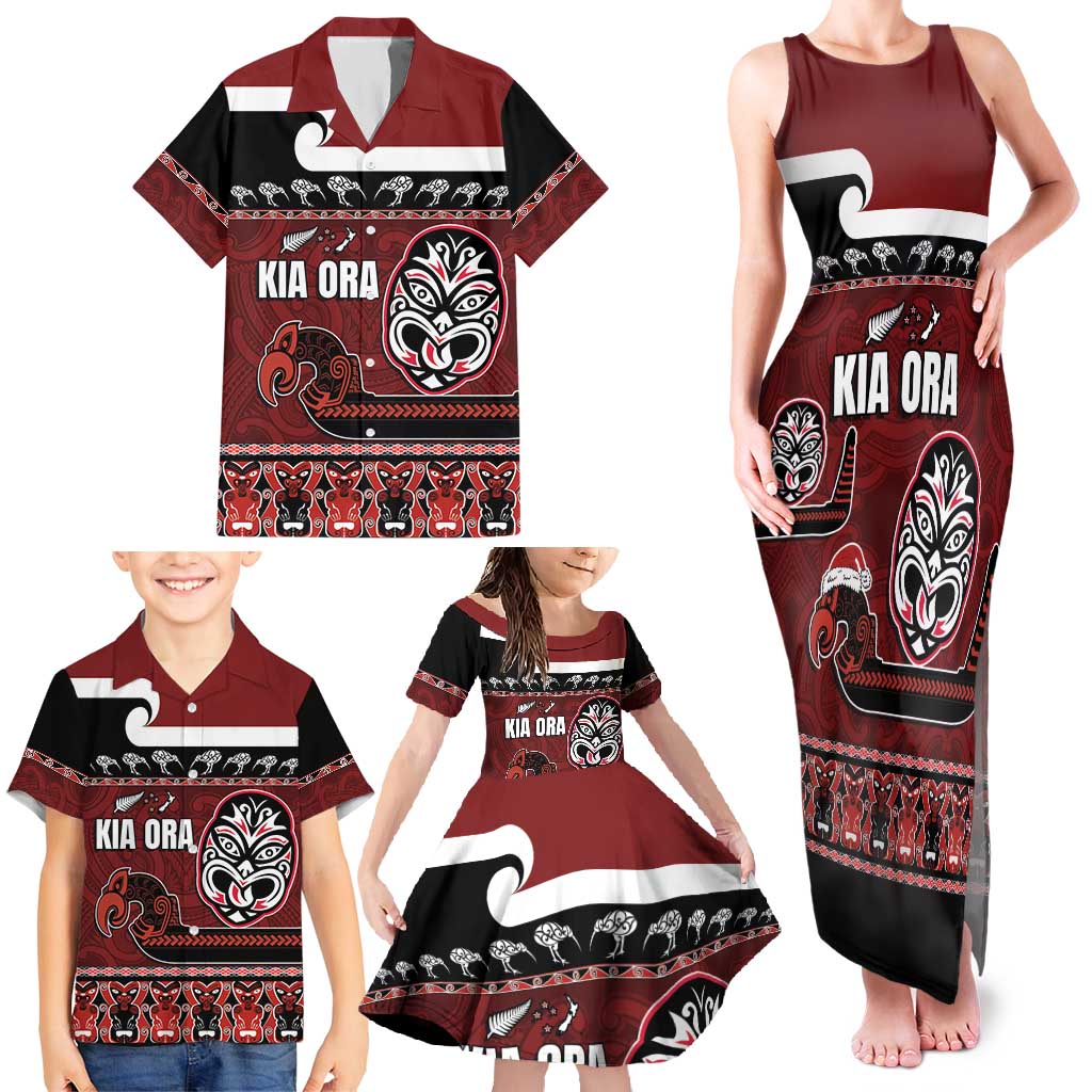 New Zealand Culture Family Matching Tank Maxi Dress and Hawaiian Shirt Kia Ora Aotearoa Moko Tattoo Mask with Waka and Maori Art Pattern