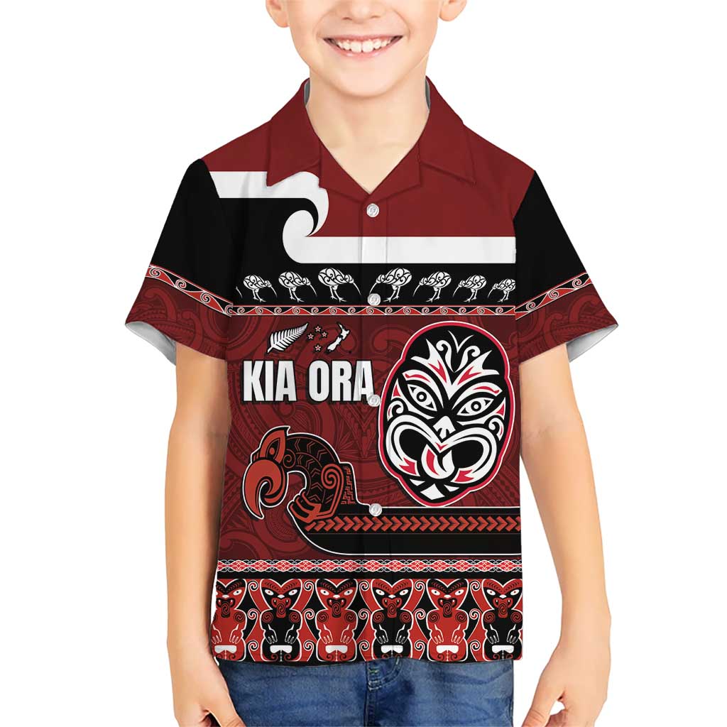 New Zealand Culture Kid Hawaiian Shirt Kia Ora Aotearoa Moko Tattoo Mask with Waka and Maori Art Pattern LT03 Kid Red - Polynesian Pride