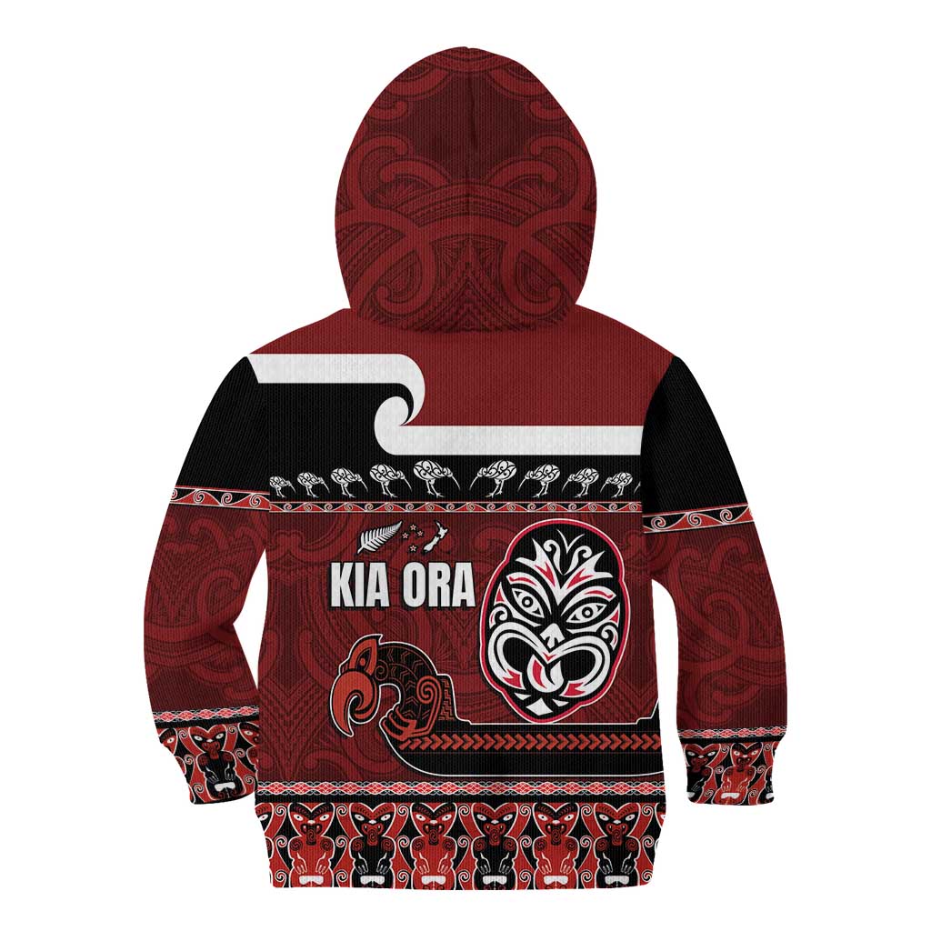 New Zealand Culture Kid Hoodie Kia Ora Aotearoa Moko Tattoo Mask with Waka and Maori Art Pattern