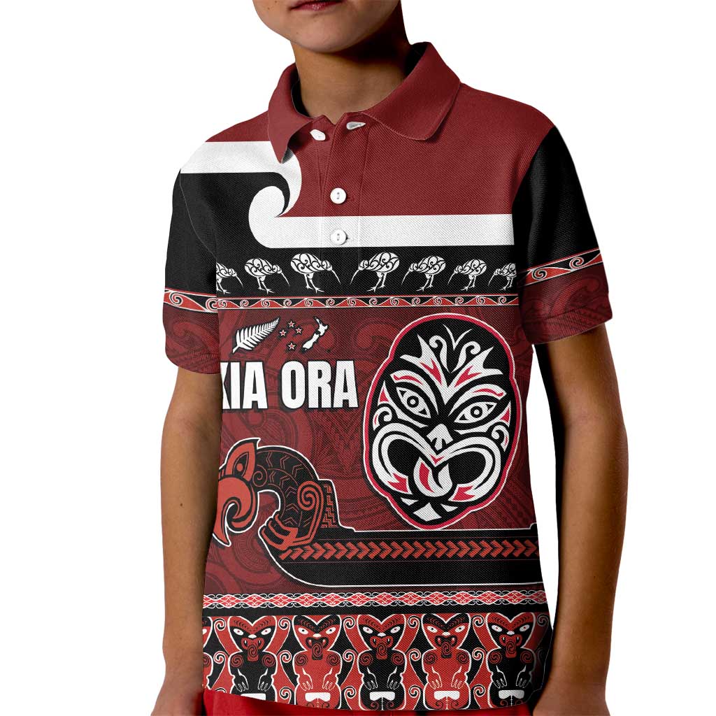 New Zealand Culture Kid Polo Shirt Kia Ora Aotearoa Moko Tattoo Mask with Waka and Maori Art Pattern LT03 Kid Red - Polynesian Pride