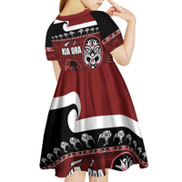 New Zealand Culture Kid Short Sleeve Dress Kia Ora Aotearoa Moko Tattoo Mask with Waka and Maori Art Pattern