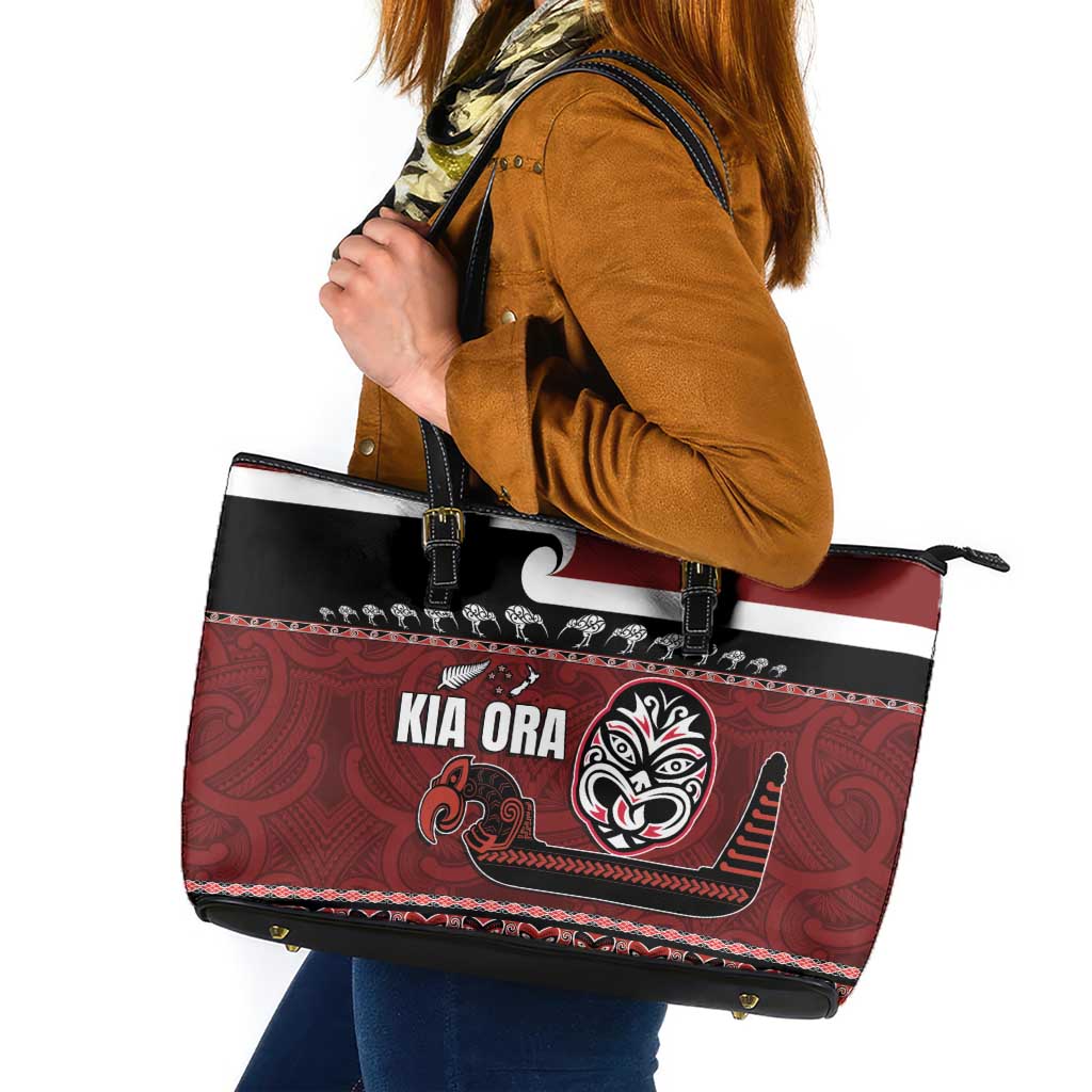 New Zealand Culture Leather Tote Bag Kia Ora Aotearoa Moko Tattoo Mask with Waka and Maori Art Pattern LT03 Red - Polynesian Pride
