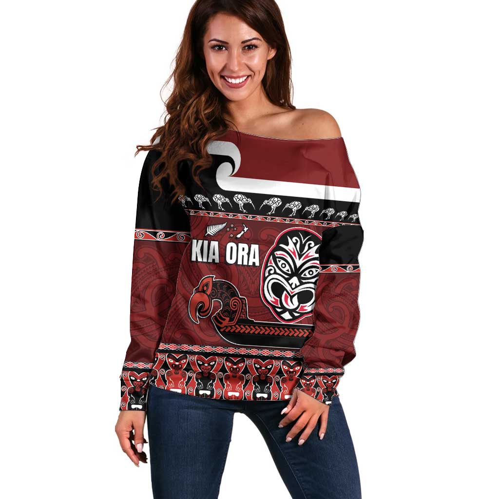 New Zealand Culture Off Shoulder Sweater Kia Ora Aotearoa Moko Tattoo Mask with Waka and Maori Art Pattern