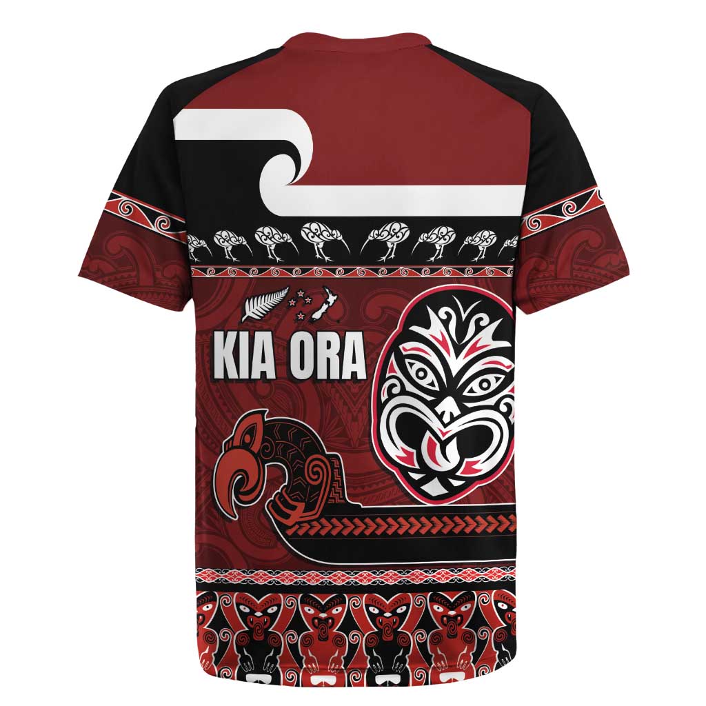New Zealand Culture Rugby Jersey Kia Ora Aotearoa Moko Tattoo Mask with Waka and Maori Art Pattern