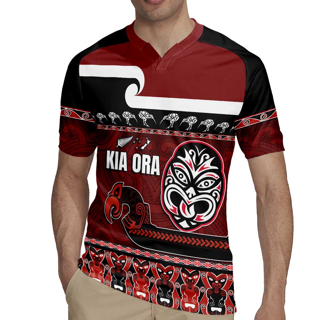 New Zealand Culture Rugby Jersey Kia Ora Aotearoa Moko Tattoo Mask with Waka and Maori Art Pattern