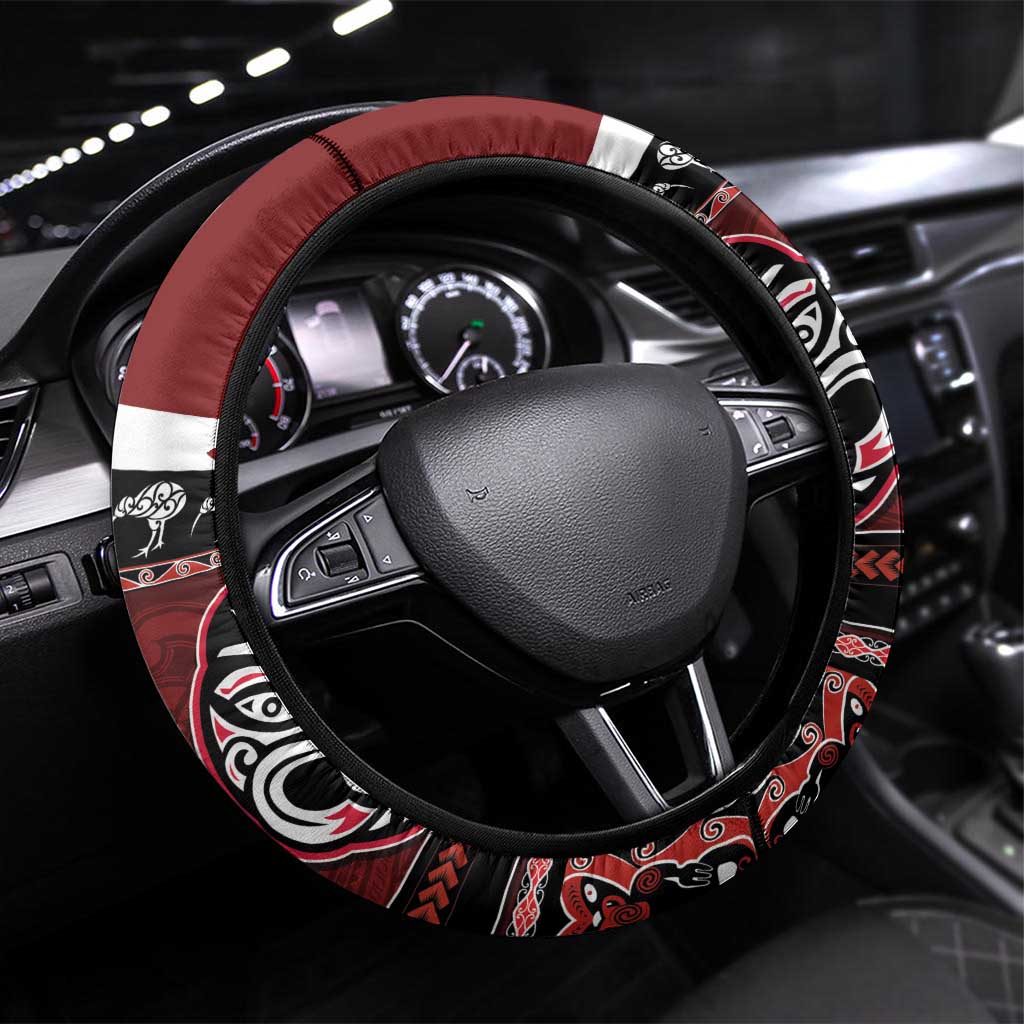 New Zealand Culture Steering Wheel Cover Kia Ora Aotearoa Moko Tattoo Mask with Waka and Maori Art Pattern