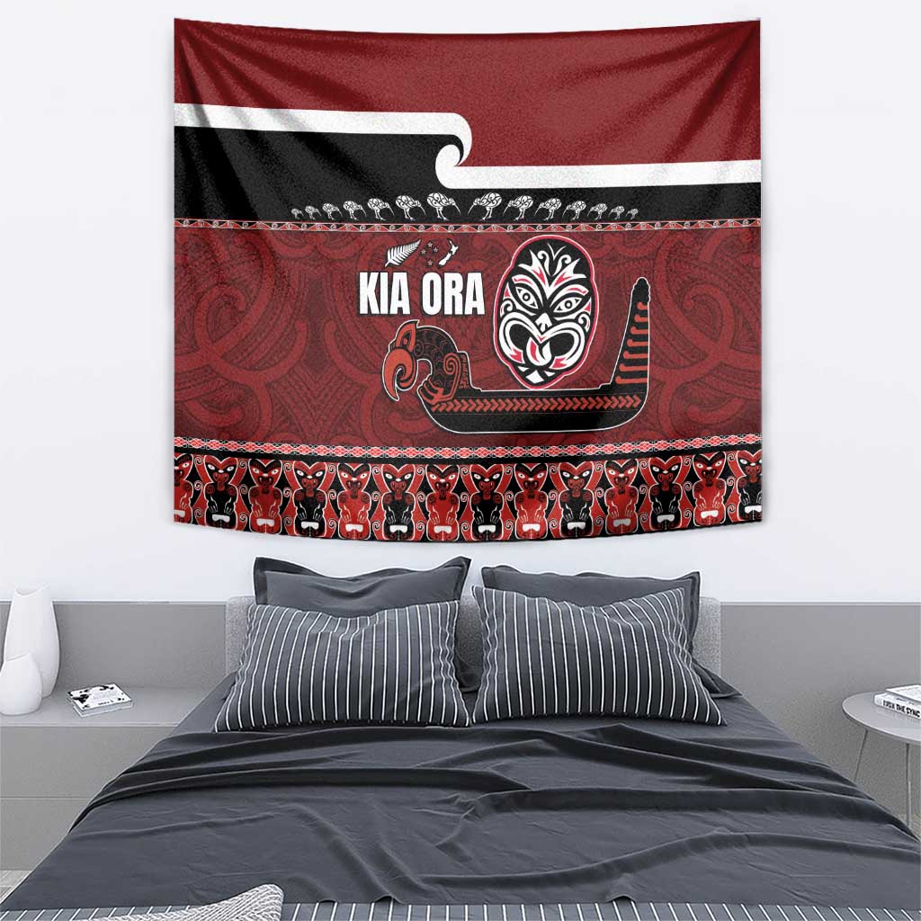 New Zealand Culture Tapestry Kia Ora Aotearoa Moko Tattoo Mask with Waka and Maori Art Pattern