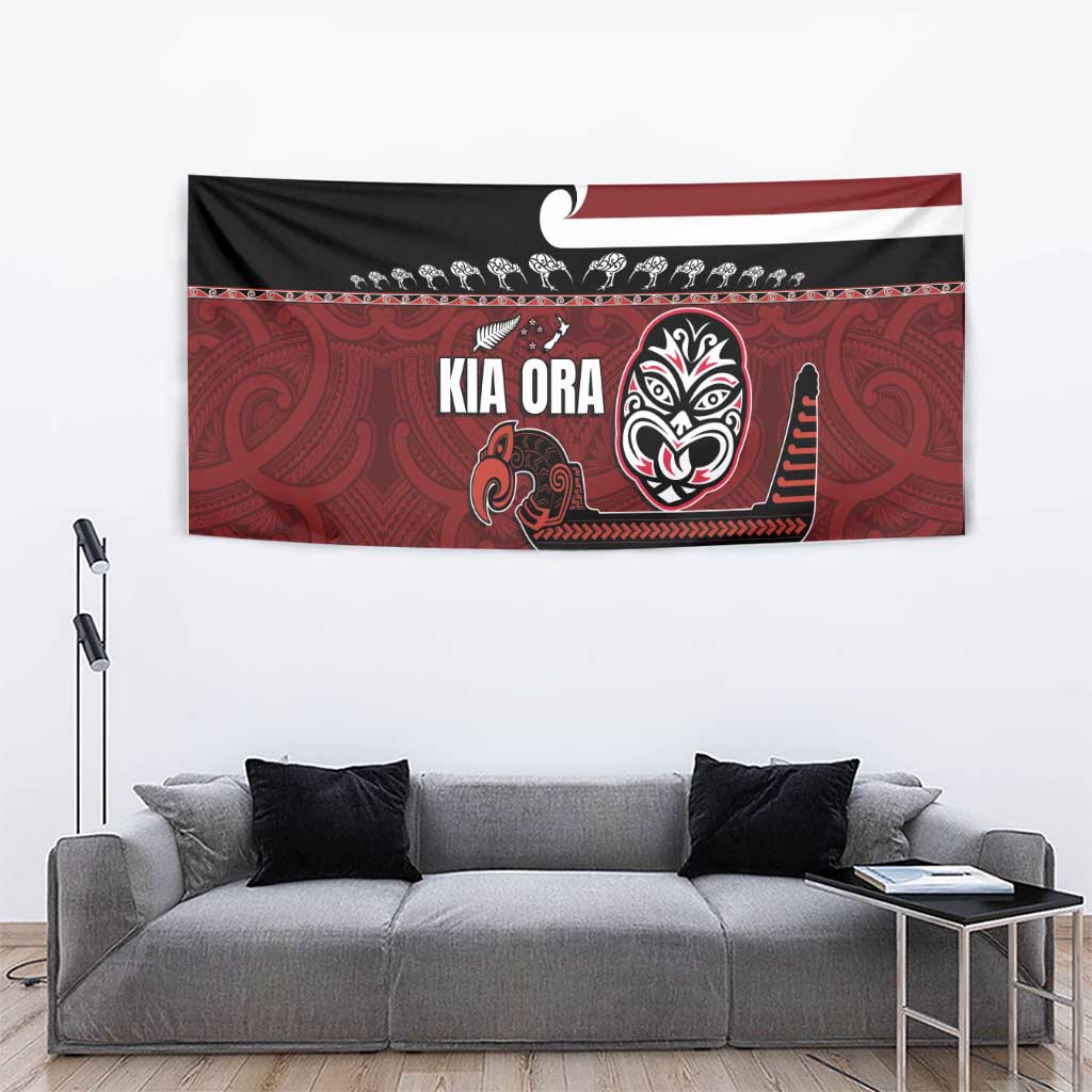 New Zealand Culture Tapestry Kia Ora Aotearoa Moko Tattoo Mask with Waka and Maori Art Pattern