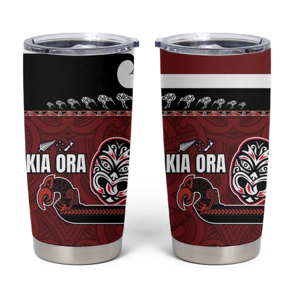 New Zealand Culture Tumbler Cup Kia Ora Aotearoa Moko Tattoo Mask with Waka and Maori Art Pattern