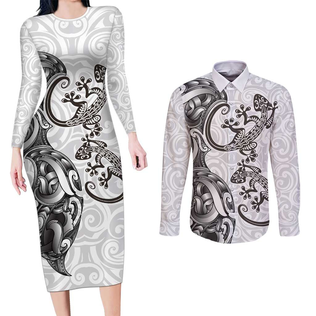 New Zealand Gecko Maori Art Tattoo Couples Matching Long Sleeve Bodycon Dress and Long Sleeve Button Shirt White Color