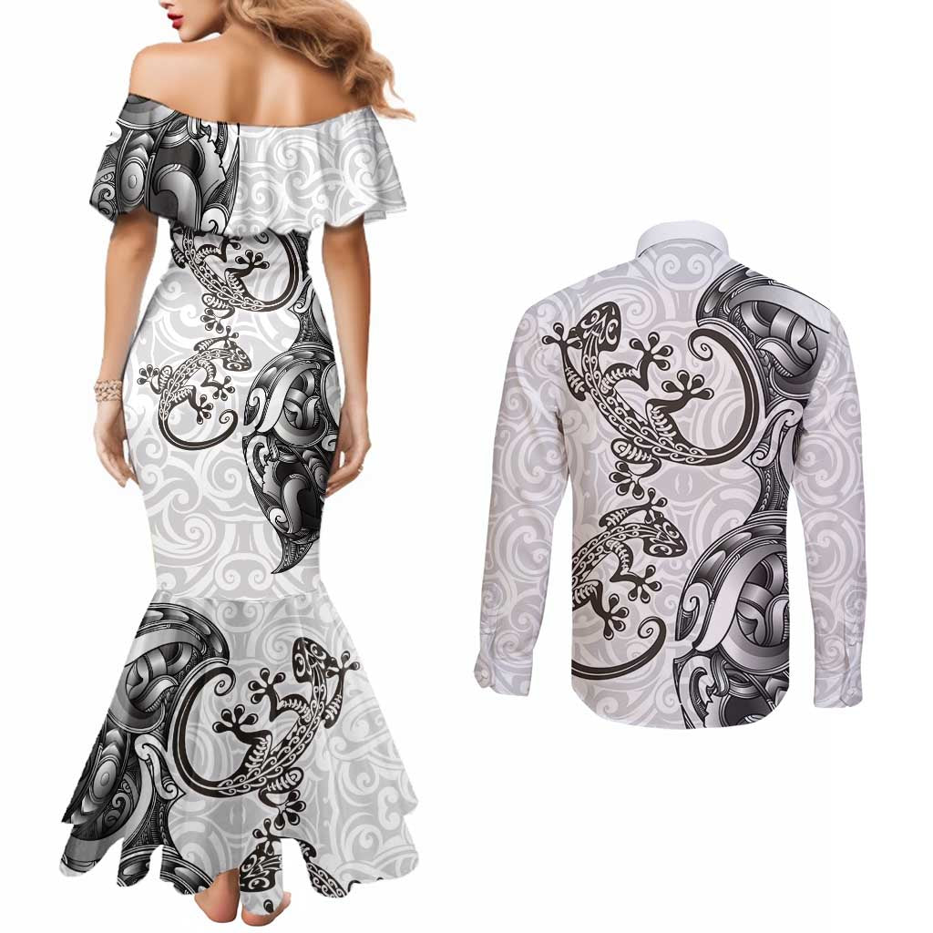 New Zealand Gecko Maori Art Tattoo Couples Matching Mermaid Dress and Long Sleeve Button Shirt White Color