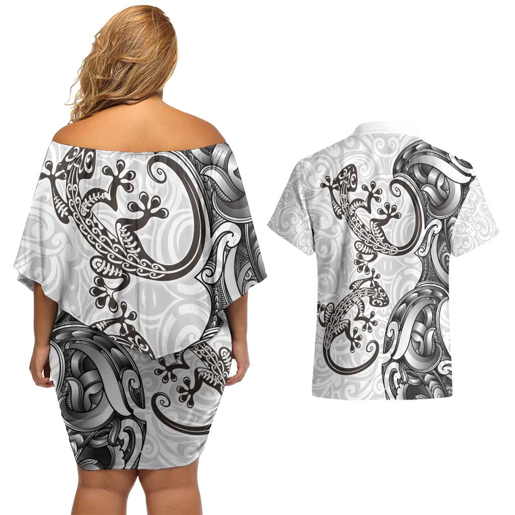New Zealand Gecko Maori Art Tattoo Couples Matching Off Shoulder Short Dress and Hawaiian Shirt White Color