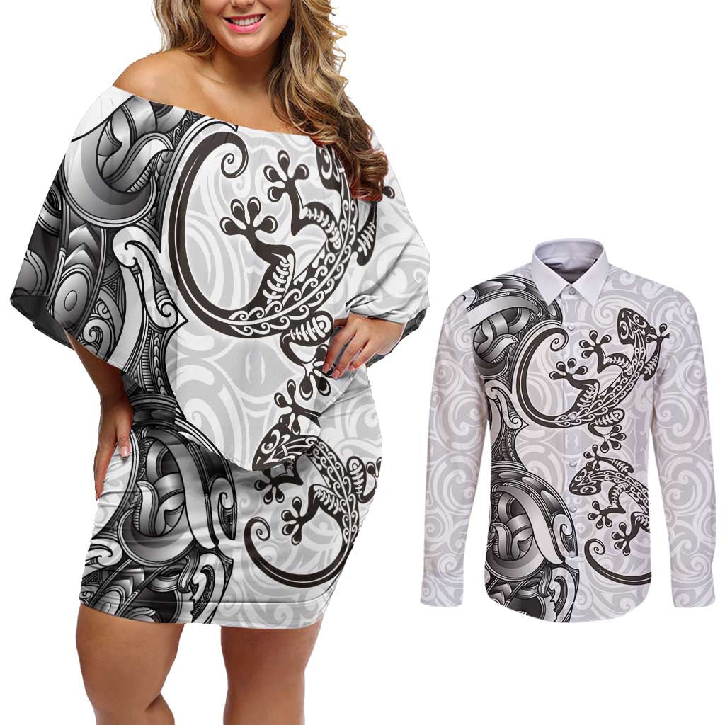 New Zealand Gecko Maori Art Tattoo Couples Matching Off Shoulder Short Dress and Long Sleeve Button Shirt White Color