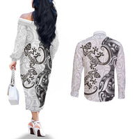 New Zealand Gecko Maori Art Tattoo Couples Matching Off The Shoulder Long Sleeve Dress and Long Sleeve Button Shirt White Color