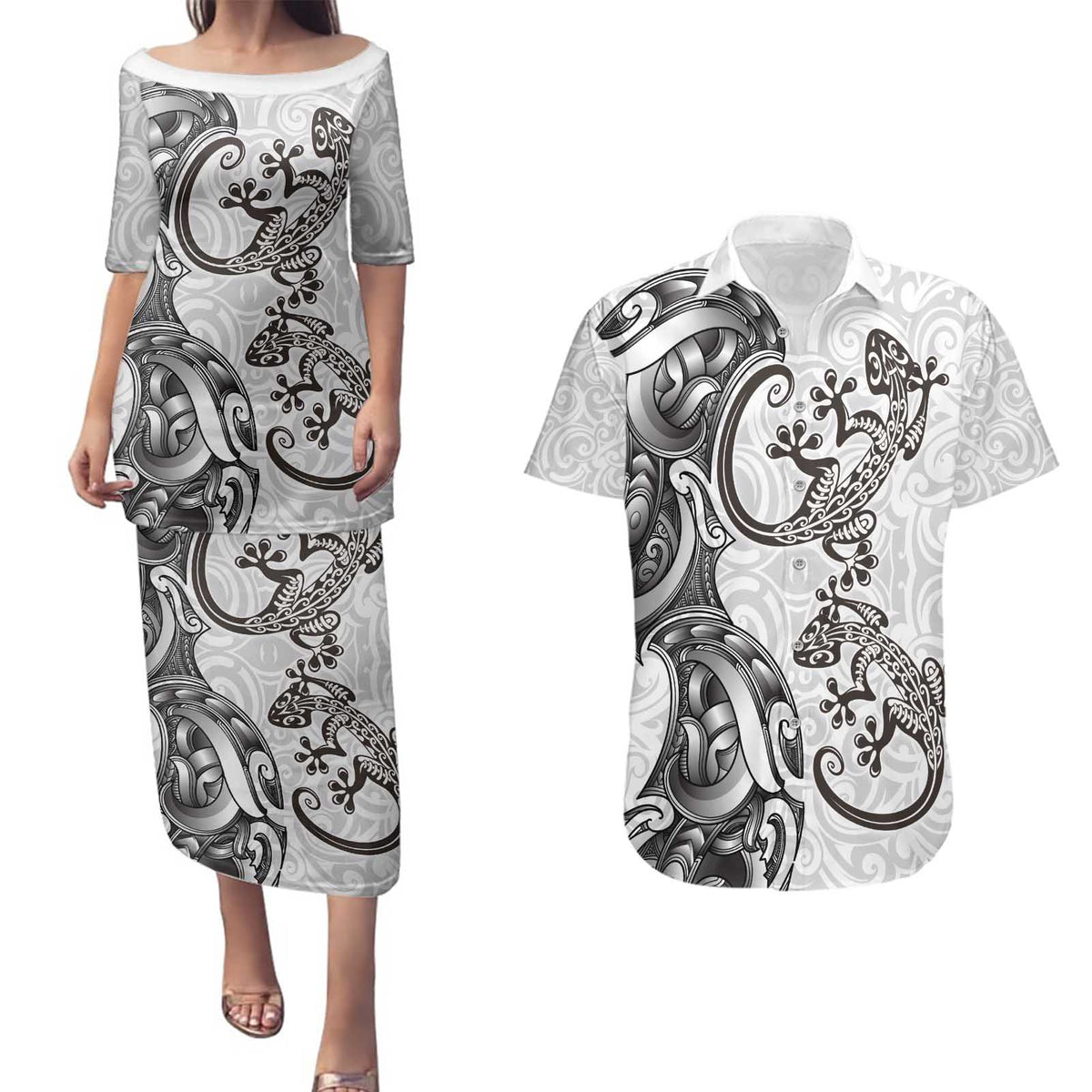 New Zealand Gecko Maori Art Tattoo Couples Matching Puletasi and Hawaiian Shirt White Color