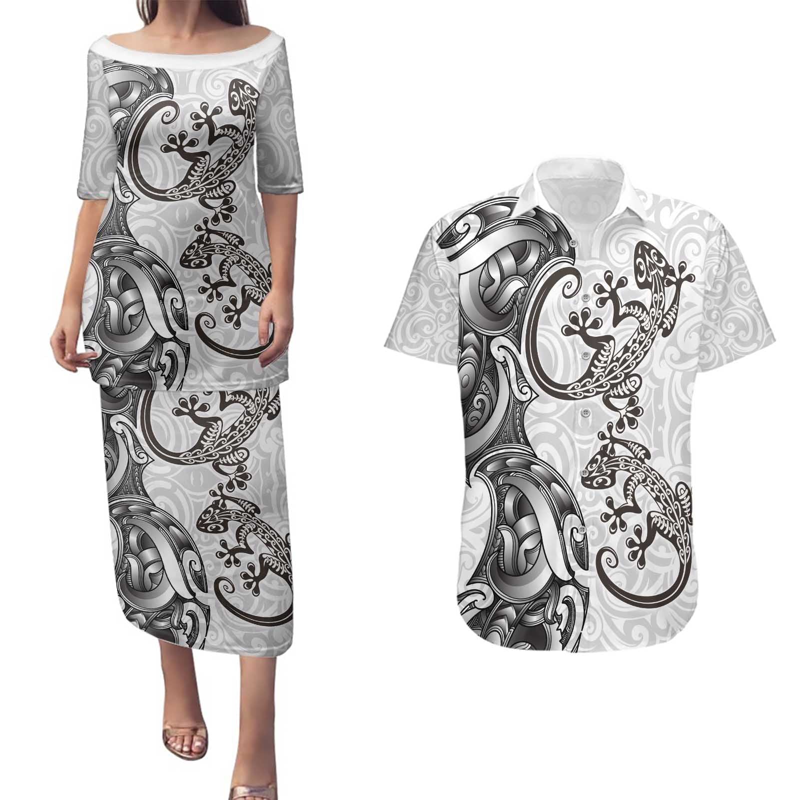 New Zealand Gecko Maori Art Tattoo Couples Matching Puletasi and Hawaiian Shirt White Color