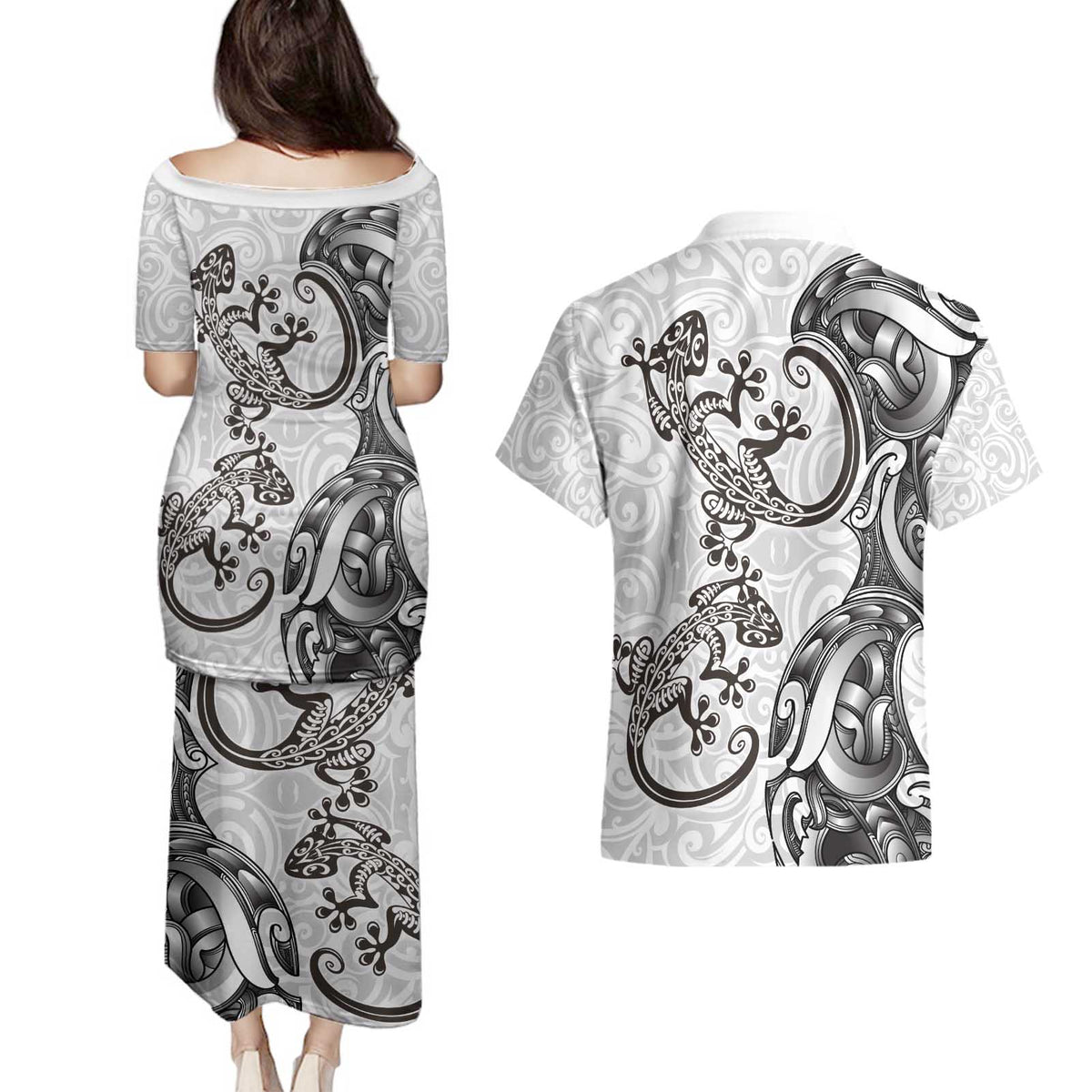 New Zealand Gecko Maori Art Tattoo Couples Matching Puletasi and Hawaiian Shirt White Color