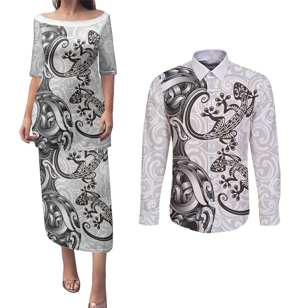 New Zealand Gecko Maori Art Tattoo Couples Matching Puletasi and Long Sleeve Button Shirt White Color