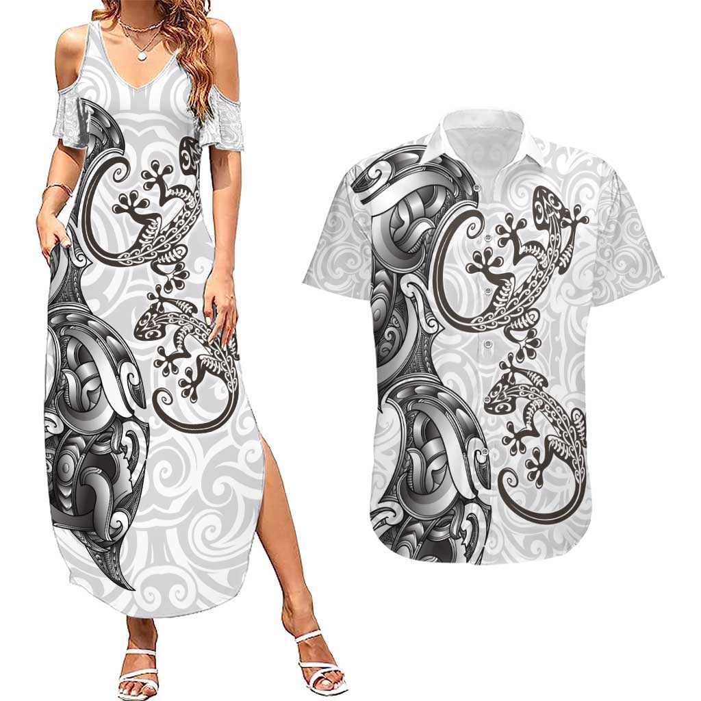 New Zealand Gecko Maori Art Tattoo Couples Matching Summer Maxi Dress and Hawaiian Shirt White Color