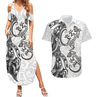 New Zealand Gecko Maori Art Tattoo Couples Matching Summer Maxi Dress and Hawaiian Shirt White Color