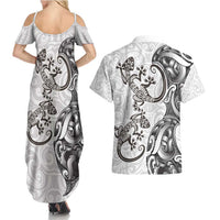 New Zealand Gecko Maori Art Tattoo Couples Matching Summer Maxi Dress and Hawaiian Shirt White Color