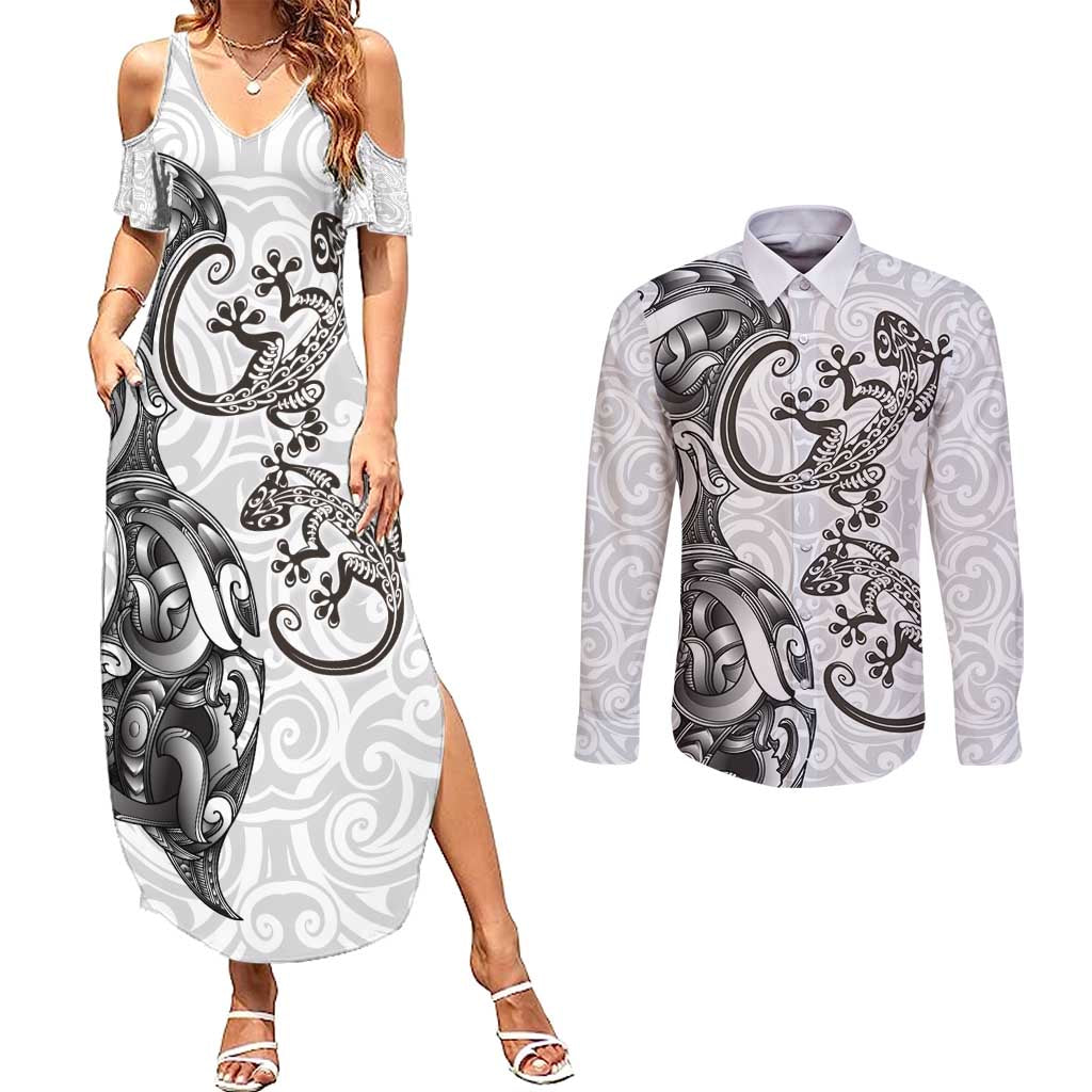 New Zealand Gecko Maori Art Tattoo Couples Matching Summer Maxi Dress and Long Sleeve Button Shirt White Color