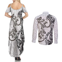 New Zealand Gecko Maori Art Tattoo Couples Matching Summer Maxi Dress and Long Sleeve Button Shirt White Color