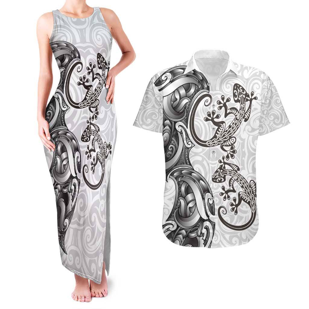 New Zealand Gecko Maori Art Tattoo Couples Matching Tank Maxi Dress and Hawaiian Shirt White Color