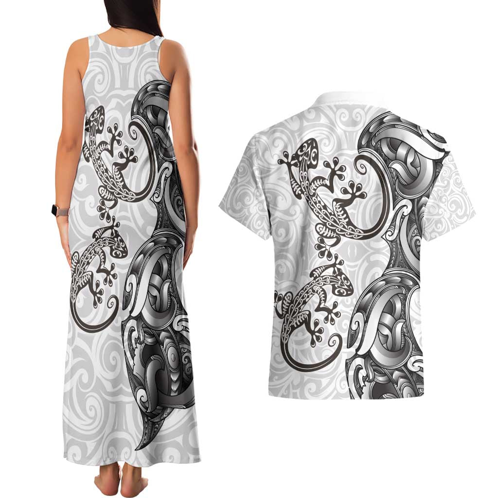 New Zealand Gecko Maori Art Tattoo Couples Matching Tank Maxi Dress and Hawaiian Shirt White Color