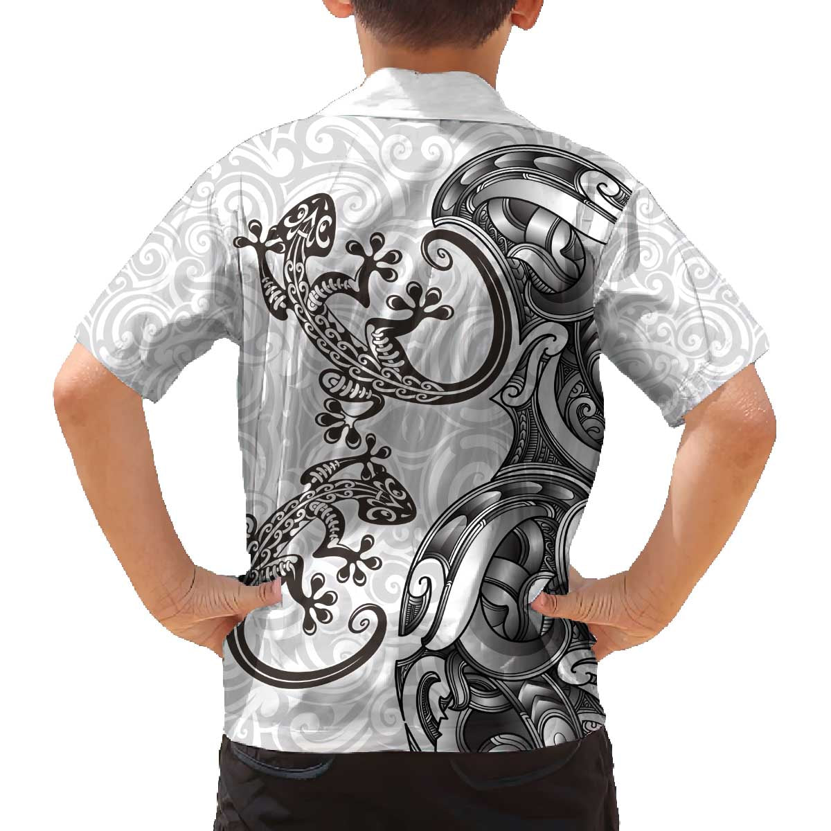 New Zealand Gecko Maori Art Tattoo Family Matching Off The Shoulder Long Sleeve Dress and Hawaiian Shirt White Color