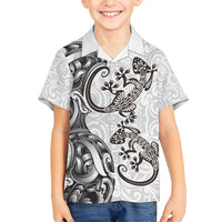 New Zealand Gecko Maori Art Tattoo Family Matching Off Shoulder Short Dress and Hawaiian Shirt White Color
