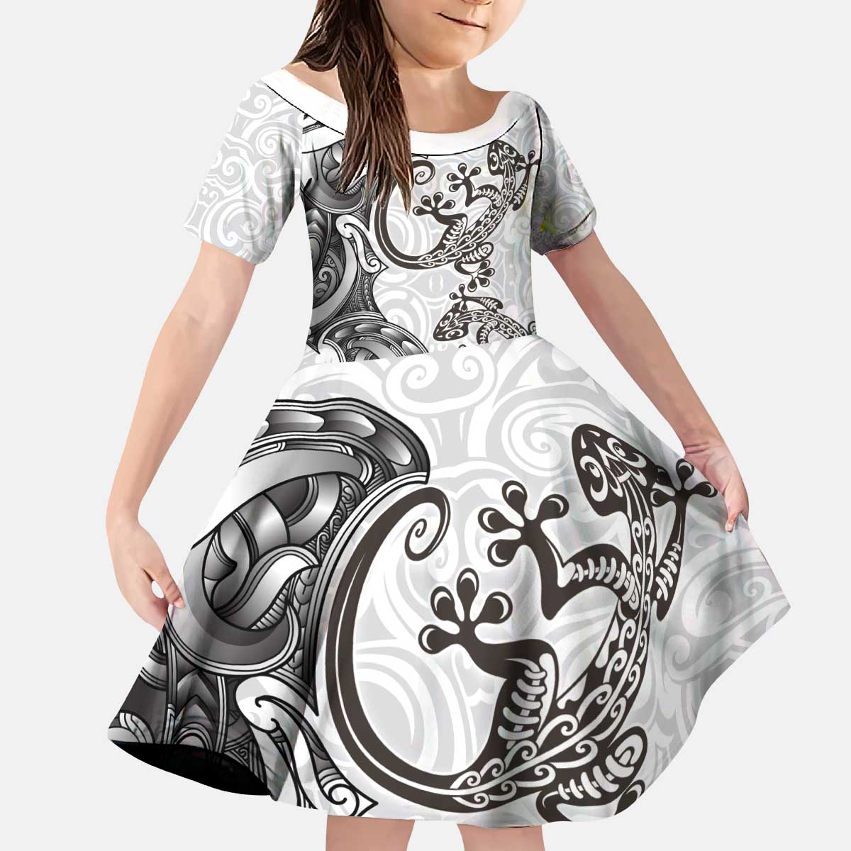 New Zealand Gecko Maori Art Tattoo Kid Short Sleeve Dress White Color LT03 KID White - Polynesian Pride