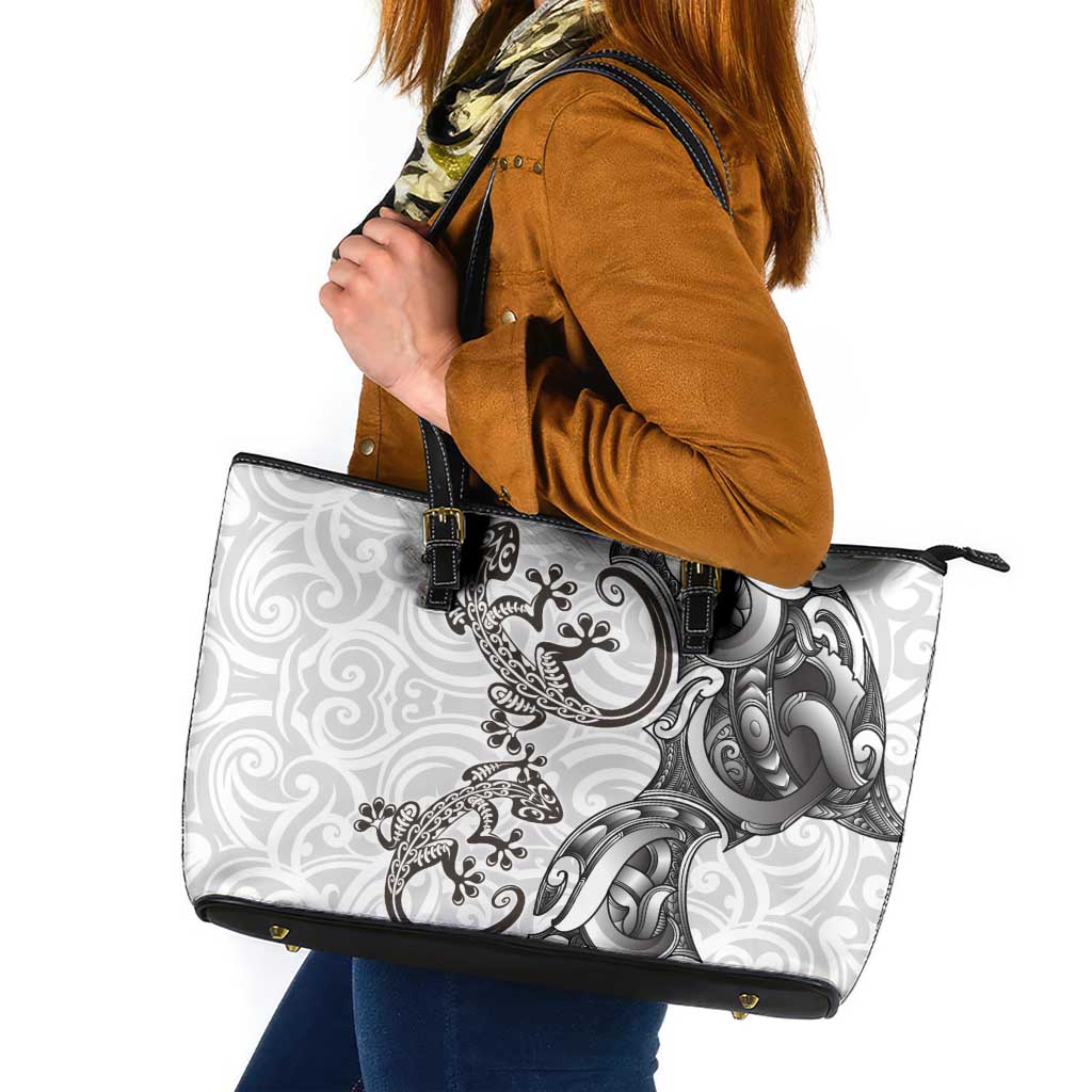 New Zealand Gecko Maori Art Tattoo Leather Tote Bag White Color LT03 White - Polynesian Pride
