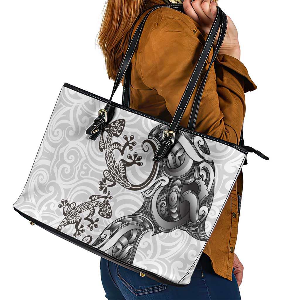 New Zealand Gecko Maori Art Tattoo Leather Tote Bag White Color LT03 - Polynesian Pride