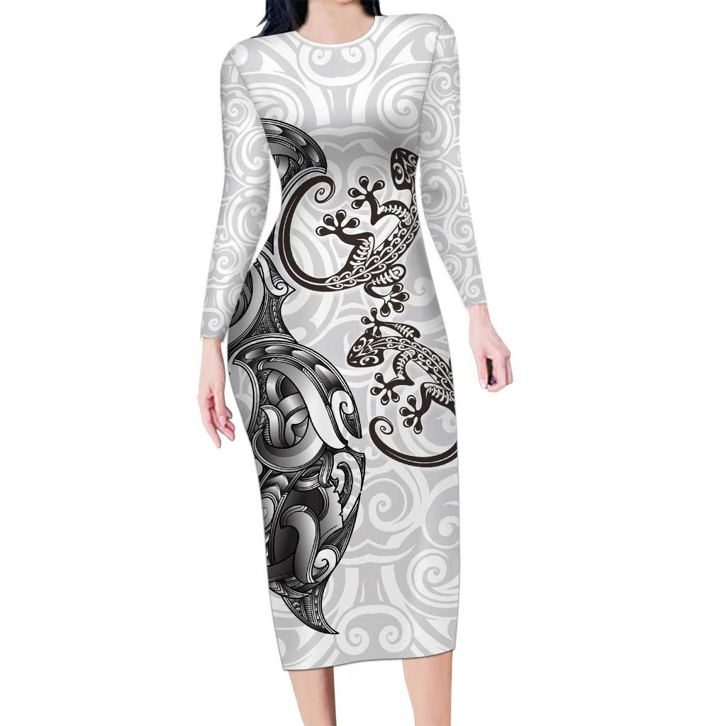 New Zealand Gecko Maori Art Tattoo Long Sleeve Bodycon Dress White Color