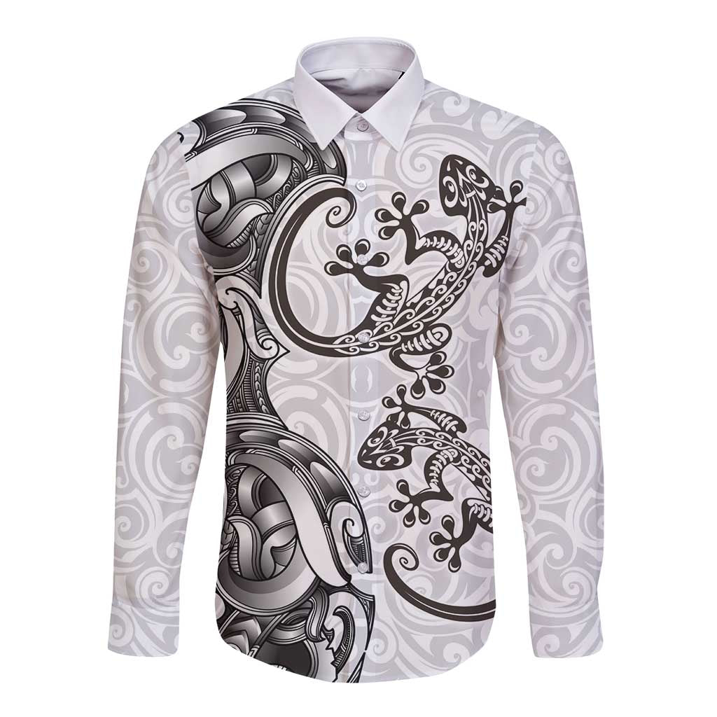 New Zealand Gecko Maori Art Tattoo Long Sleeve Button Shirt White Color LT03 Unisex White - Polynesian Pride